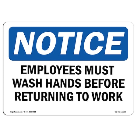 OSHA Notice Sign, Employees Must Wash Hands Before Returning To Work, 14in X 10in Rigid Plastic